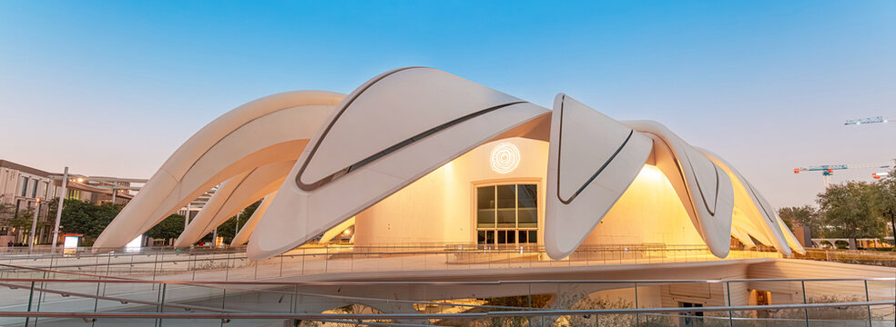 13 January 2026, Dubai Expo City, UAE: Pavilion architecture featuring falcon wings, symbolizing the national bird and representing Emirati pride