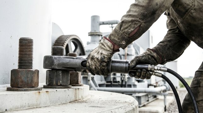 Industrial worker using hydraulic torque wrench to tighten large bolts