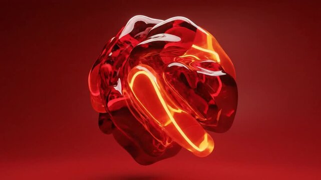 Abstract red glass object with inner orange light rotating against a gradient red background for artistic visuals