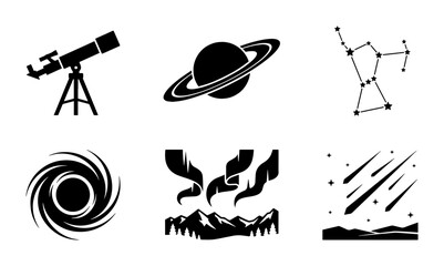 Astronomy and space exploration icon set, black silhouette celestial symbols including telescope and planet, 6 vector elements for science education © fr