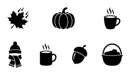 Autumn season black silhouette icon set, minimalist fall nature elements and cozy weather symbols, 7 vector graphics for seasonal design © fr