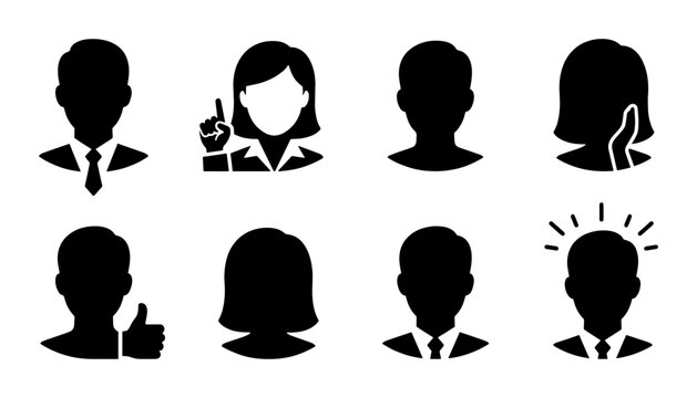 Business avatar icons set, professional user profile silhouettes, 8 black corporate character headshots, office employee vector symbols