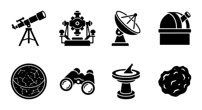 Astronomy and space exploration icon set, 8 black vector symbols of telescope and observatory equipment, celestial science tools for education