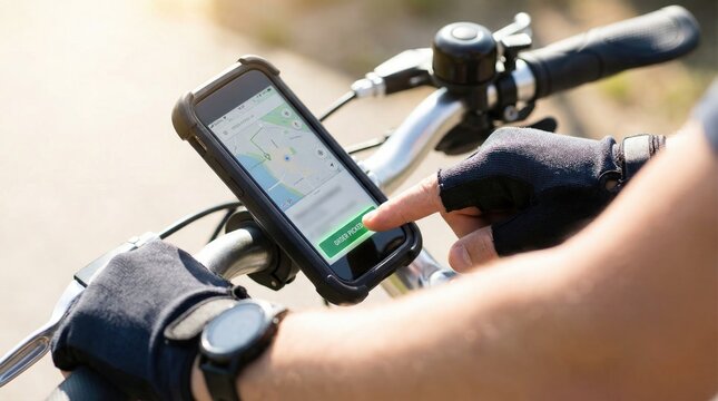 Delivery rider using smartphone navigation app mounted on bicycle handlebars