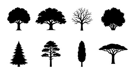 Fototapeta premium Black tree silhouettes collection, set of 8 nature icons, deciduous and evergreen tree shapes, minimalist botanical vector elements for landscape design