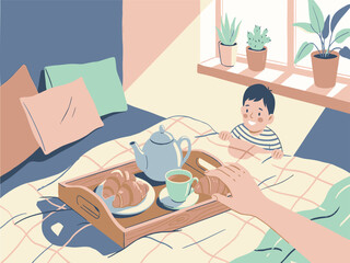 Obraz premium Breakfast in bed, morning routine, cozy bedroom, vector illustration, flat design, colorful scene