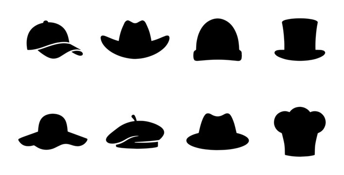 Minimalist hat silhouette icons set, black headwear vector collection including cowboy hat and baseball cap, professional uniform and fashion hats