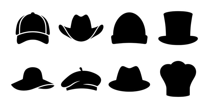 Black hat silhouettes set, 8 headwear vector icons including cowboy hat and baseball cap, fashion accessory collection for apparel design