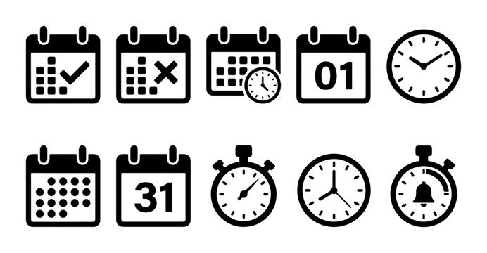 Minimalist calendar and clock icon set, 10 black vector time management symbols, professional schedule and deadline planning elements for business apps