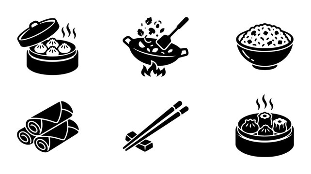 Chinese food icon set, black and white asian cuisine vector illustrations, dim sum and wok cooking symbols, 6 restaurant menu graphic elements