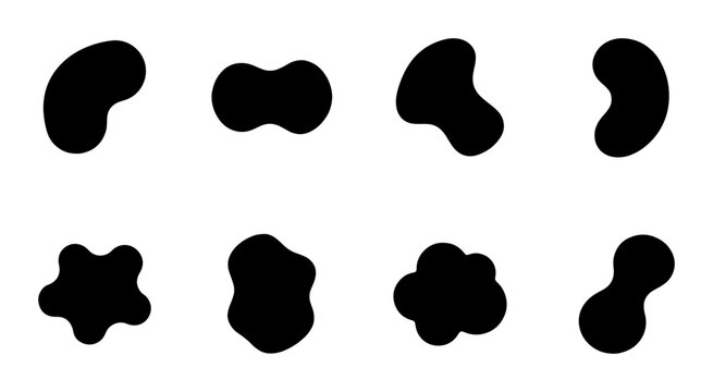 Abstract organic liquid shapes, set of 8 black amorphous blob silhouettes, minimalist fluid vector elements for modern graphic design and branding