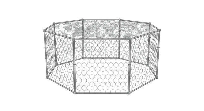 An intricate octagonal enclosure constructed from silver hexagonal chicken wire mesh features rounded ball joints and a sturdy metallic frame on white space.