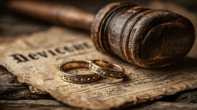 Judge's gavel, wedding rings and divorce decree on wooden table