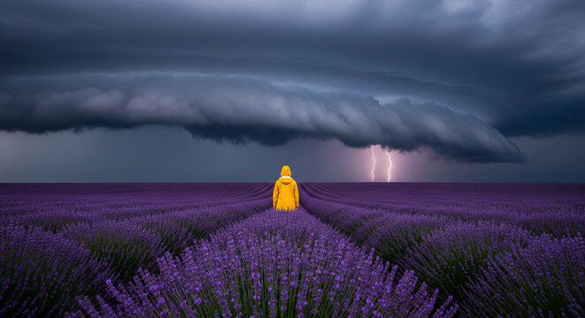 Back view of person in yellow jacket in lavender field under stormy sky with lightning, representing resilience and nature's power