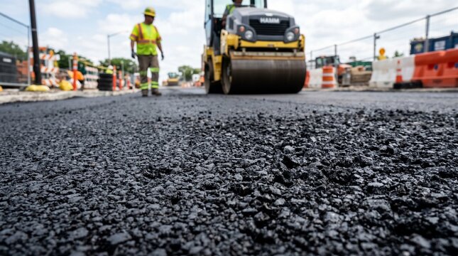 Asphalt road construction, worker, roller, highway maintenance, paving