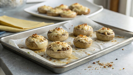 Fototapeta premium Photorealistic stuffed mushrooms on tray with creamy filling and baked tops, casual clean appetizer scene, soft natural light