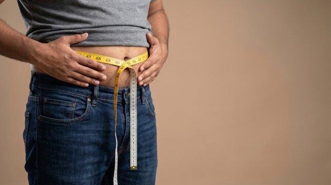 Overweight man in gray t-shirt and blue jeans measuring waist with yellow tape measure, detail shot against beige background, symbolizing obesity awareness and weight loss concept.