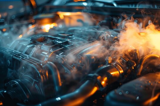 Overheated car engine is smoking and releasing steam in a garage