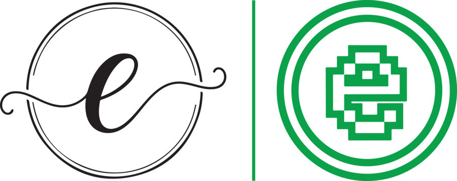 Set of two letter e logo designs featuring elegant cursive and modern pixelated styles vector illustration