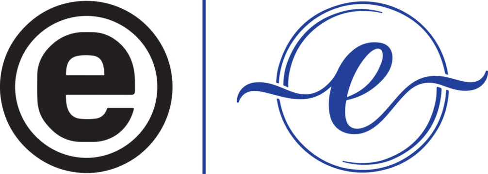 Minimalist letter e logo set with bold black and cursive blue typography in circular frames for branding vector illustration