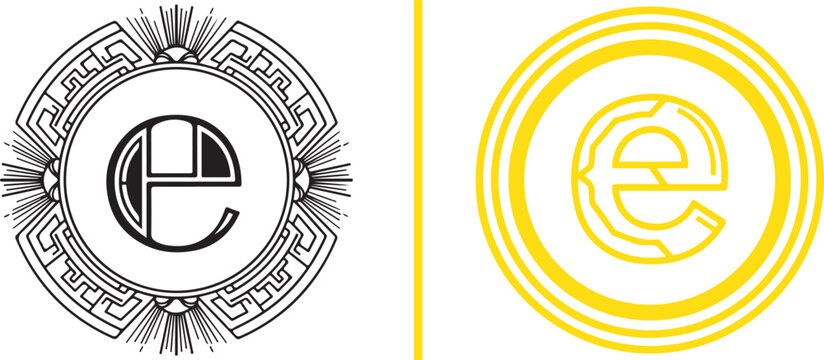 Set of two stylized letter e logo designs in art deco and minimalist circular vector illustration styles