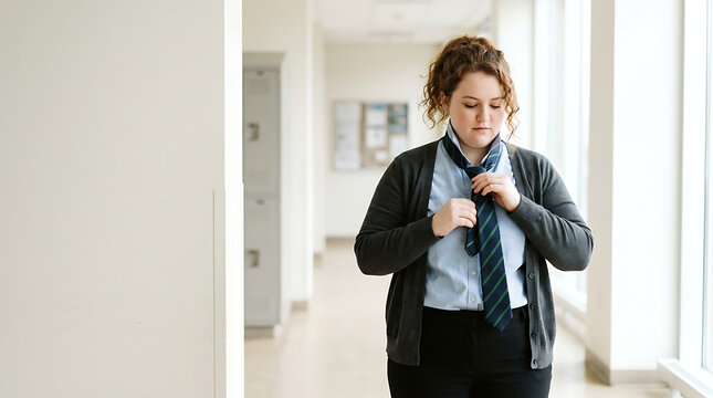 Young woman adjusting her tie while walking in school hallway  