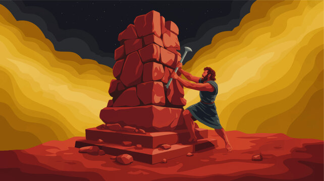Ancient bearded man breaking stone idol with hammer in desert at night, dramatic biblical scene, symbolic faith illustration