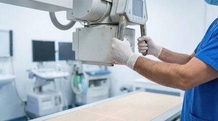Naklejka premium Medical technician adjusting an overhead x-ray machine in a radiology clinic