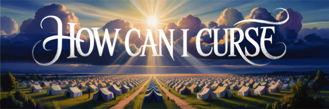 How Can I Curse fantasy typography over vast tent camp at sunrise with dramatic clouds and radiant sunbeams