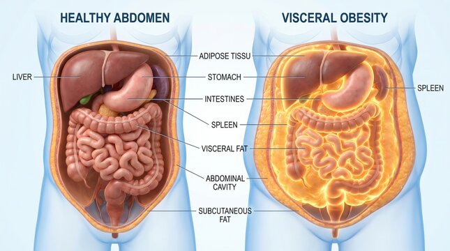 3D medical illustration comparing healthy abdomen with labeled organs on the left and visceral obesity with excess fat surrounding intestines on the right, on light blue background, nobody.