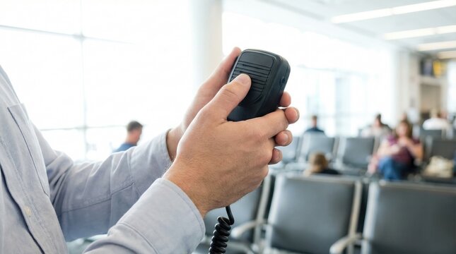 Airport staff member making an announcement using a public address microphone