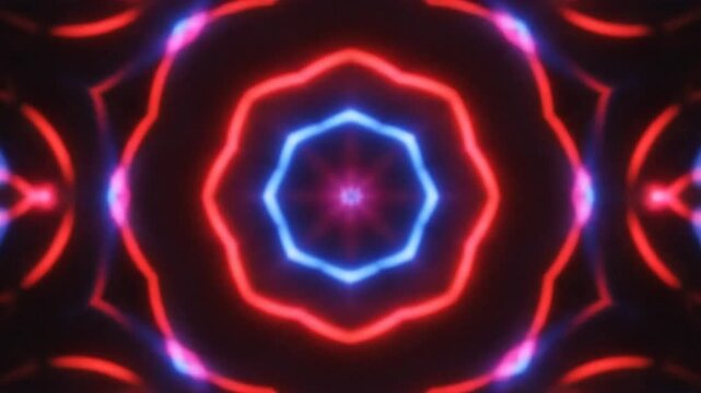 Abstract red and blue neon light kaleidoscopic circular pattern with futuristic symmetry on black background