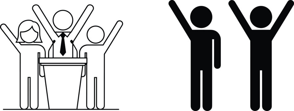 Crowd of People Raising Hands at Podium for Election Speech and Protest Icon Vector Set for Leadership Political Campaign and Public Voting Graphic Design