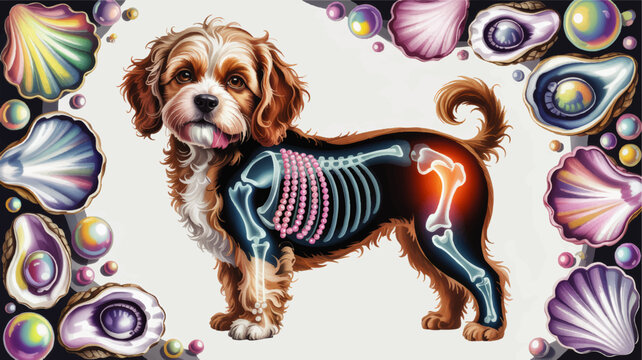 Cute Cavalier King Charles Spaniel anatomy illustration with glowing skeleton pearls seashell border whimsical veterinary art