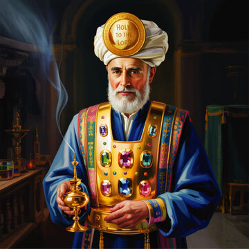 Biblical High Priest Portrait in Sacred Temple Interior with Golden Breastplate Incense Censer and Holy Turban Illustration