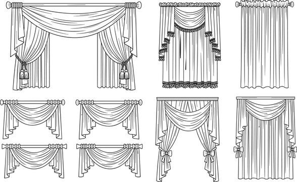 Classic Window Curtain and Drapery Vector Line Art Set with Elegant Valances and Pelmets for Interior Home Decor Graphic Design