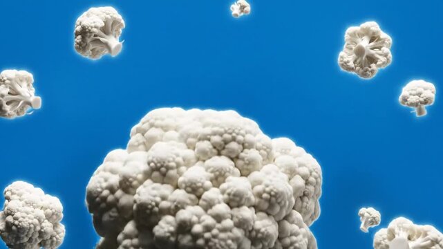 Surreal image of cauliflower head breaking apart into individual florets against a bright blue background