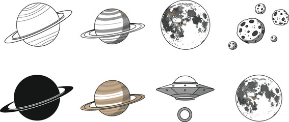 Space Exploration Vector Set Featuring Saturn Moon Asteroids and UFO for Science Fiction and Astronomy Education Graphic Design © Mrinal