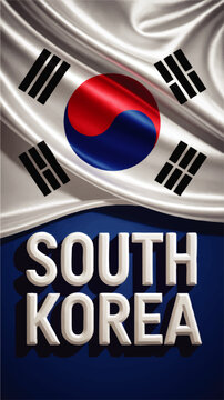 South Korea flag illustration with bold typography, waving silk texture, patriotic Korean national banner poster design