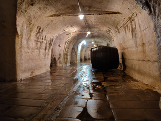 Sunlight filters through an arched stone tunnel, illuminating a large wooden wine barrel in a historic cellar. Wet stone floor reflects dim light, evoking an old winery or underground storage space. © stanhert