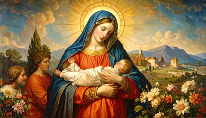 Fototapeta premium Blessed mother holding infant child, bathed in sunlight. Angels, landscape, flowers surround