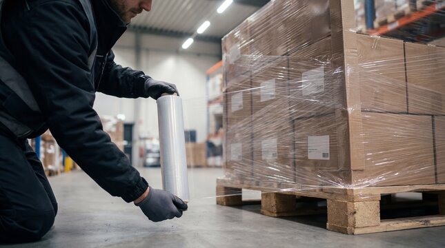 Warehouse worker wrapping cardboard boxes on a pallet with plastic film for shipping