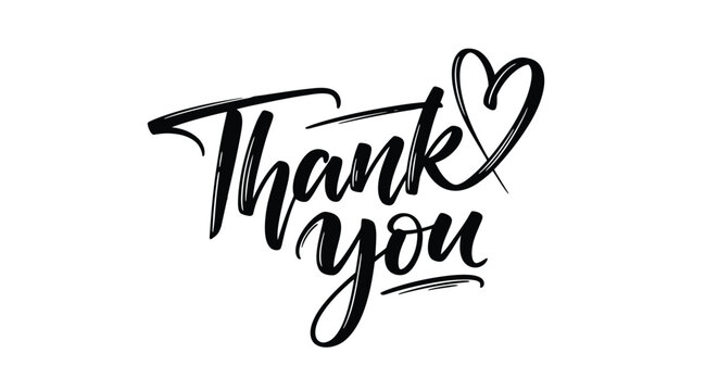 Elegant hand lettered 'thank you' message with heart accent on a white background