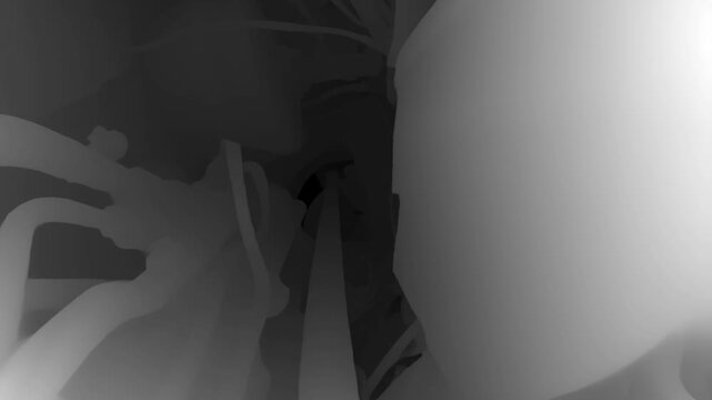 Monochrome depth map of a car engine bay showing structural forms of internal components in an abstract, data-driven visualization.