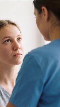Nurse talking and communicating with teenage girl patient in hospital ward, medical care concept, vertical video close up.