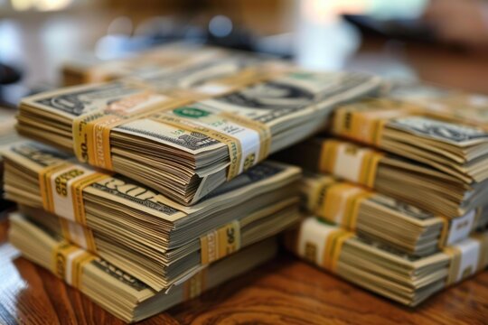Bundles of us twenty dollar bills are stacked and secured with rubber bands, creating a visual representation of wealth and finance