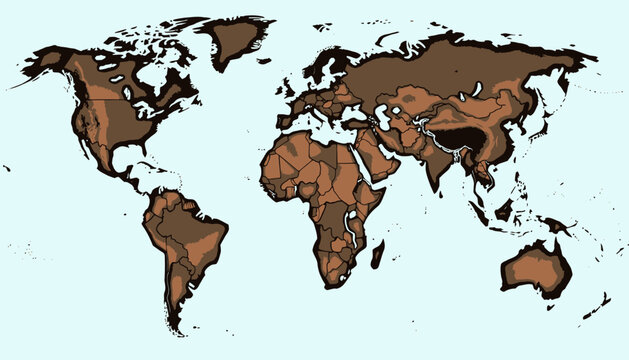 Artistic World Map Visualizing Continent Outlines with Highlighted Geographical Features and Simplified Global Territories in Earth Tones