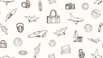 Fototapeta premium Seamless Pattern Featuring Vintage Airplanes, Cameras, Luggage, and Travel-Themed Icons for Retro Adventure Inspiration