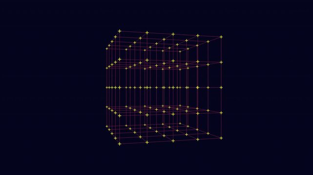 Abstract technology footage of a neon wireframe cube made of grid lines and glowing nodes, forming a 3D geometric structure on a dark blue background