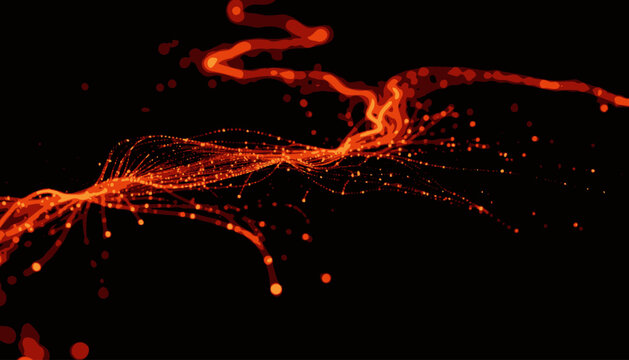 Abstract Visualization of Vibrant Orange Lines and Particles Forming Dynamic Digital Wave Patterns on a Dark Background